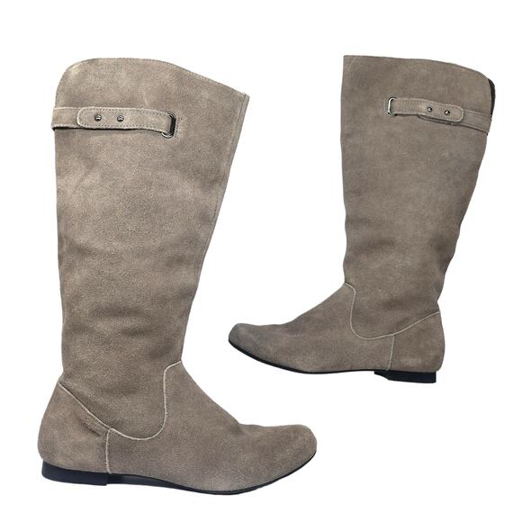 Gray Suede Riding Boots Womens 6 Knee High Low Heel Leather Zipper Side - Picture 1 of 12